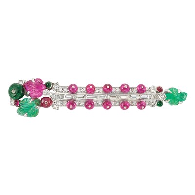 Lot 425 - Art Deco Platinum, Diamond, Carved Emerald and Ruby and Ruby Bead 'Tutti Frutti' Barrette, by Cartier