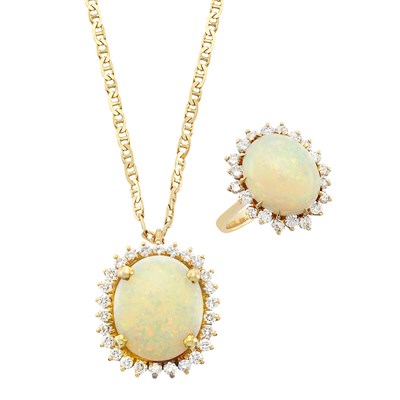 Lot 1270 - Gold, Opal and Diamond Pendant with Chain Necklace and Ring