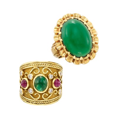 Lot 1310 - Gold, Diamond and Gem-Set Ring and Gold and Cabochon Chalcedony Ring