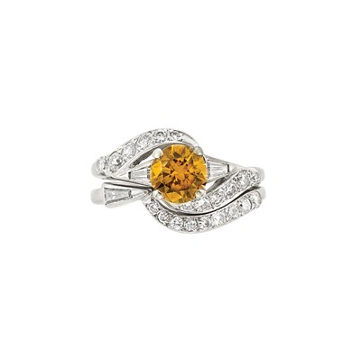 Lot 348 - White Gold, Fancy Deep Yellow-Orange Diamond and Diamond Ring