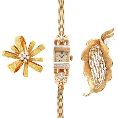 Lot 1314 - Two Gold and Diamond Brooches and Lady's Gold and Diamond Wristwatch, Bucherer