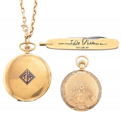 Lot 1466 - Gentleman's Gold Open Face Pocket Watch, Gold and Steel Pocket Knife and Lady's Gold Hunting Case Pendant-Watch