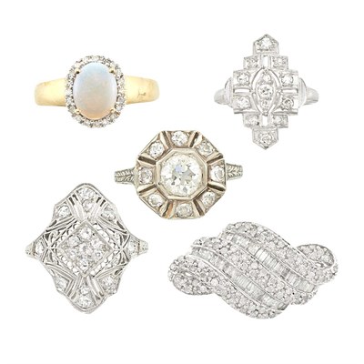 Lot 1435 - Four White Gold, Platinum, Diamond and Opal Rings and Pendant