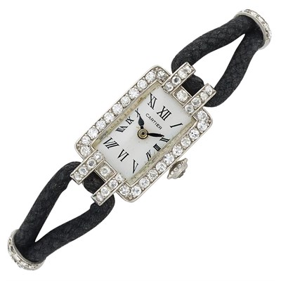 Lot 397 - Art Deco Platinum, Gold, Diamond, Black Enamel and Black Cord Wristwatch, Cartier