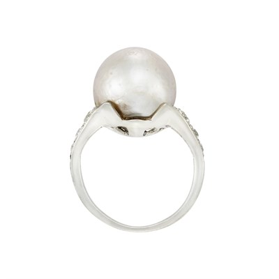 Lot 382 - Platinum, Natural Button Pearl and Diamond Ring