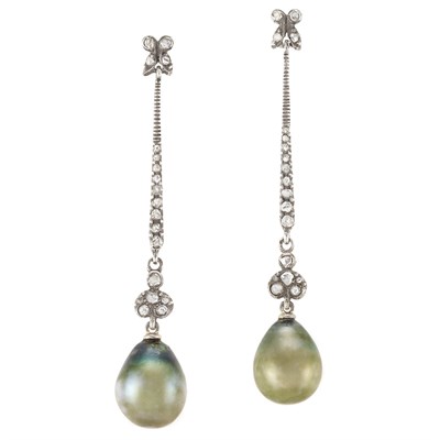 Lot 222 - Pair of Antique Silver, Gold, Diamond and Natural Pearl Pendant-Earrings