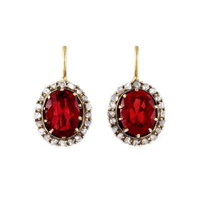 Lot 217 - Pair of Russian Antique Gold, Red Spinel and Diamond Earrings