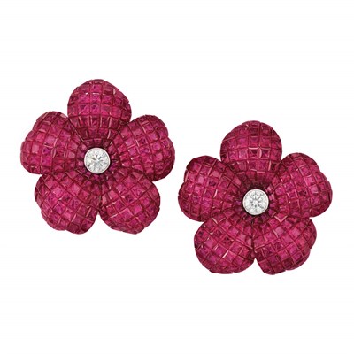Lot 278 - Pair of White Gold, Diamond and Invisibly-Set Ruby Flower Earclips, Alexis