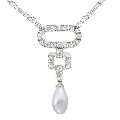 Lot 432 - Platinum, Diamond and Cultured Pearl Pendant-Necklace