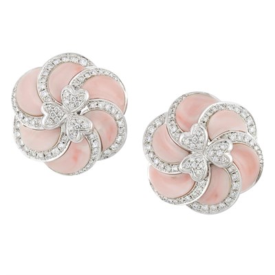 Lot 303 - Pair of White Gold, Angel Skin Coral and Diamond Flower Earclips