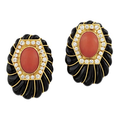 Lot 140 - Pair of Gold, Fluted Black Onyx, Coral and Diamond Earclips