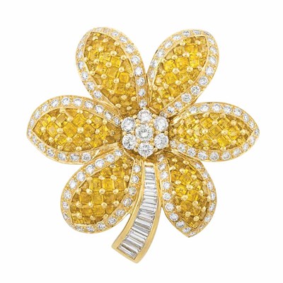 Lot 30 - Gold, Invisibly-Set Yellow Sapphire and Diamond Flower Brooch