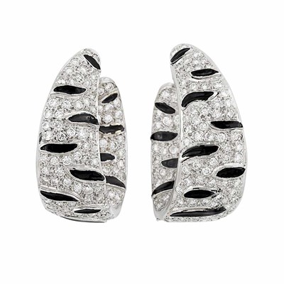 Lot 304 - Pair of White Gold, Diamond and Black Enamel Hoop Earclips