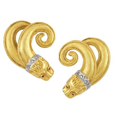 Lot 34 - Pair of Two-Color Gold, Diamond and Ruby Earclips, Zolotas