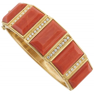 Lot 139 - Gold, Coral and Diamond Bangle Bracelet