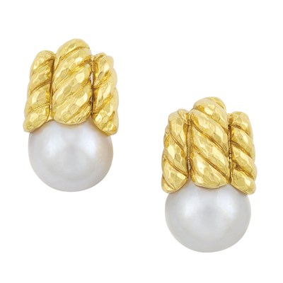Lot 147 - Pair of Hammered Gold and Mabe Pearl Earclips, David Webb