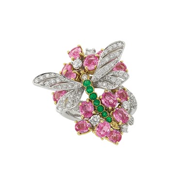 Lot 94 - White Gold, Pink Sapphire, Diamond and Emerald Ring