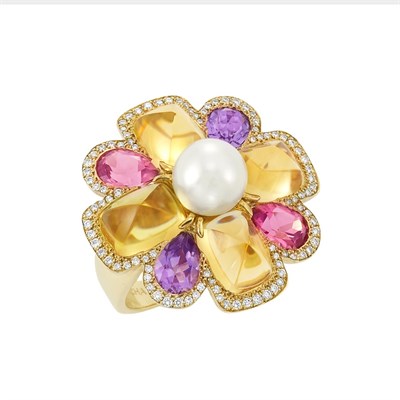 Lot 184 - Gold, Cultured Pearl, Gem-Set and Diamond Flower Ring, Chanel, France