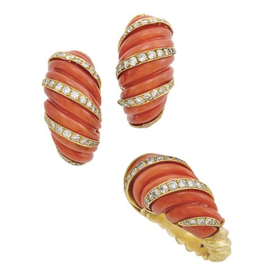 Lot 151 - Pair of Gold, Fluted Coral and Diamond Bombe Earrings and Ring