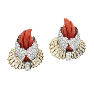 Lot 311 - Pair of Gold, Platinum, Carved Coral and Diamond Earrings