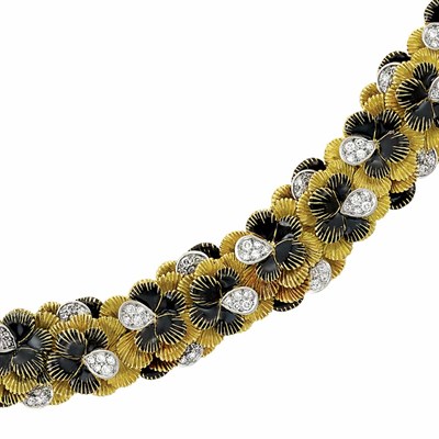 Lot 310 - Gold, Platinum, Diamond and Black Enamel Bracelet, France