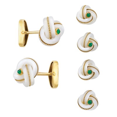 Lot 174 - Gold, Carved Mother-of-Pearl and Cabochon Emerald Dress Set, Van Cleef & Arpels