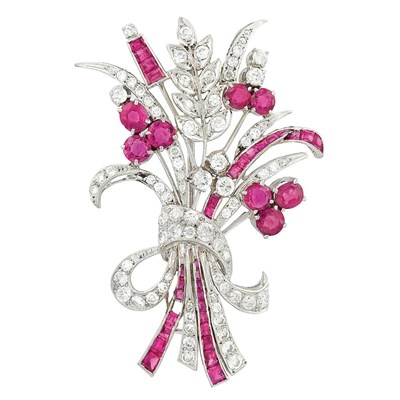 Lot 355 - Platinum, Ruby and Diamond Bouquet Brooch
