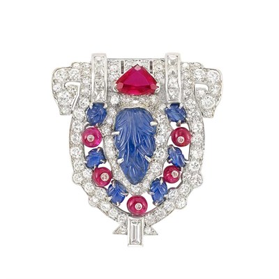 Lot 428 - Art Deco Platinum, Carved Sapphire, Ruby, Ruby Bead and Diamond 'Tutti Frutti' Clip