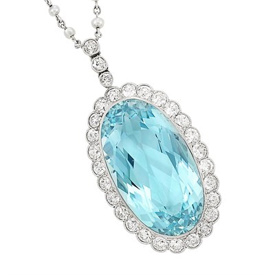 Lot 399 - Platinum, Seed Pearl, Aquamarine and Diamond Pendant Chain Necklace