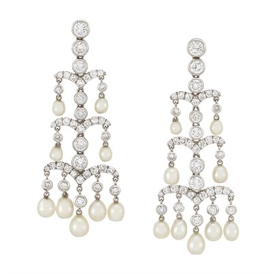 Lot 232 - Pair of Platinum, Diamond and Natural Pearl Pendant-Earrings