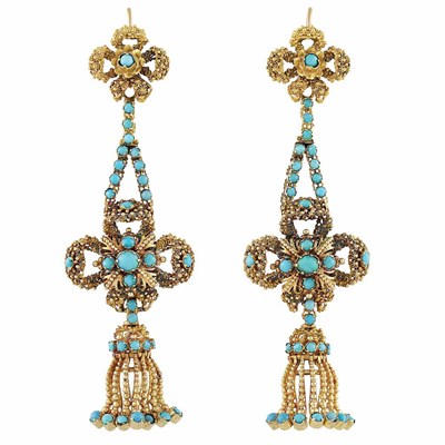 Lot 156 - Pair of Antique Cannetille Gold and Turquoise Pendant-Earrings