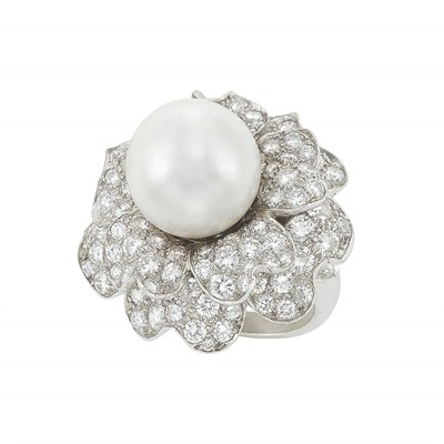 Lot 438 - Platinum, South Sea Cultured Pearl and Diamond Flower Ring, Van Cleef & Arpels