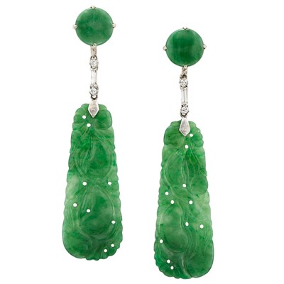 Lot 404 - Pair of White Gold, Jade, Diamond and Carved Jade Pendant-Earclips