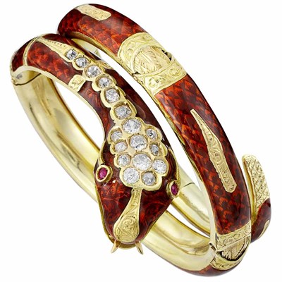 Lot 40 - Antique Gold, Red Enamel and Diamond Snake Bangle Bracelet