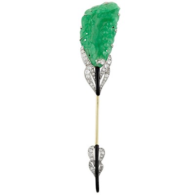 Lot 402 - Platinum, White Gold, Carved Jade, Diamond and Black Enamel Jabot, France