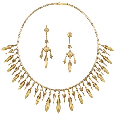 Lot 55 - Etruscan Revival Gold Fringe Necklace and Pair of Earrings