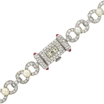 Lot 376 - Platinum, Diamond, Natural Button Pearl and Cabochon Ruby Wristwatch