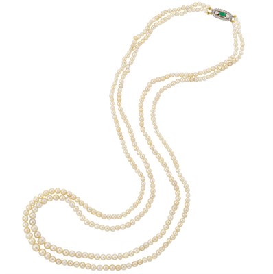 Lot 427 - Double Strand Natural Pearl Necklace with Platinum, Gold, Emerald and Diamond Clasp