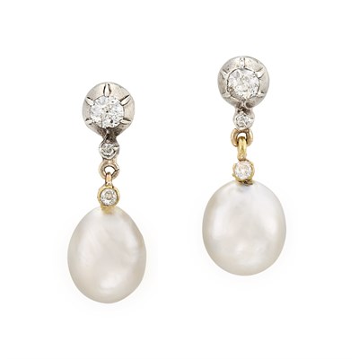 Lot 225 - Pair of Antique Silver, Gold, Diamond and Natural Pearl Pendant-Earrings