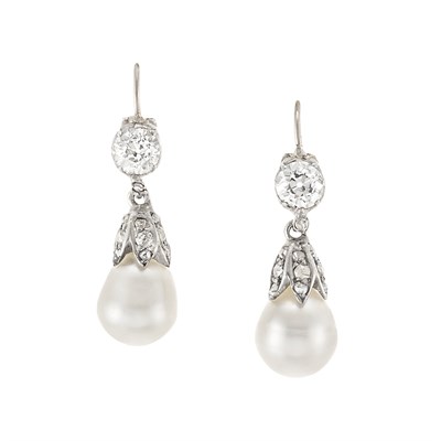 Lot 378 - Pair of Antique Silver, Diamond and Natural Pearl Pendant-Earrings