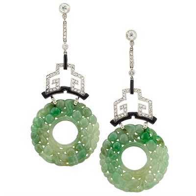 Lot 409 - Pair of Art Deco Platinum, Diamond, Black Enamel and Carved Jade Pendant-Earrings