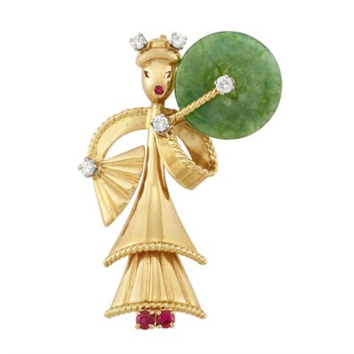 Lot 249 - Gold, Diamond, Ruby and Jade Pin, Tiffany & Co.