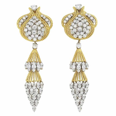 Lot 346 - Pair of Two-Color Gold and Diamond Pendant-Earrings