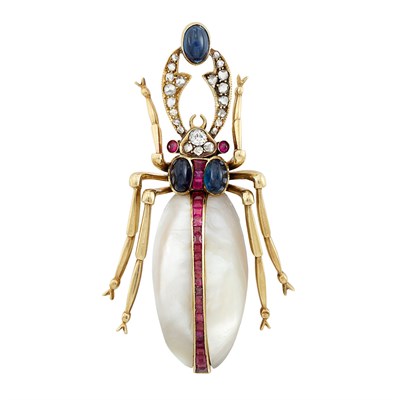 Lot 54 - Russian Gold, Blister Pearl, Diamond, Ruby and Cabochon Sapphire Beetle Pin