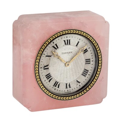 Lot 241 - Art Deco Rose Quartz, Gold and Enamel Desk Clock, Cartier, France, European Watch & Clock Co.