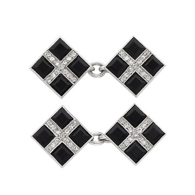 Lot 406 - Pair of Art Deco Platinum, Black Onyx and Diamond Cufflinks, Janesich, France