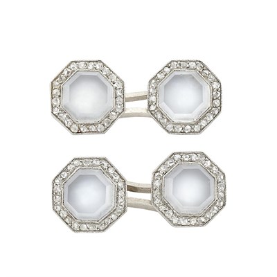 Lot 231 - Pair of Platinum, Frosted Rock Crystal and Diamond Cufflinks