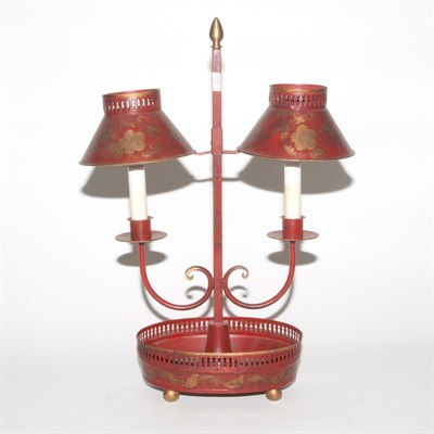 Lot 283 - Gold Stenciled Red Tole Double Student's Lamp...