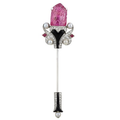 Lot 426 - Art Deco Platinum, Carved Ruby, Diamond, Button Pearl, Ruby and Black Enamel Jabot
