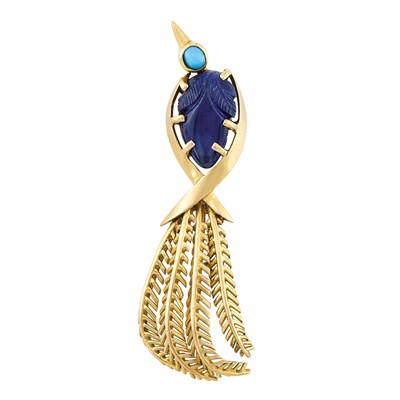 Lot 285 - Gold, Carved Sapphire and Turquoise Bird Clip-Brooch, France